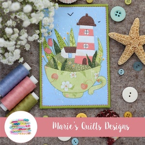 Cartolina in tessuto PDF Digital Quilt Block Applique modello di cucito, faro, mare, scarpata, estate, paesaggio, primavera, trapuntato