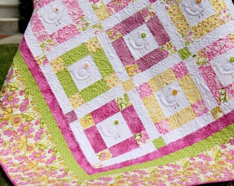 Handmade Pink Girl Quilt, Bird Embroidery, Modern Baby Bedding, Pillowcases