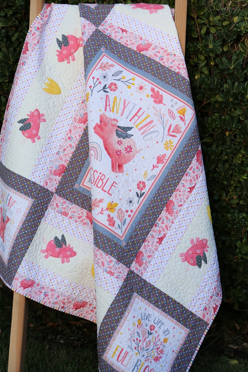 Handmade Personalized Baby Girl Piggy Animal Rainbow Quilt, Pink Grey, Crib Toddler, Shower gift, Nursery Newborn, Ready for Sale image 2