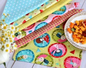 Kids Cloth Cotton Napkins Set of 6, 2-ply Orange Green Pink Snack Table Napkins, Dinner Fabric Napkins, Mismatched Assorted, Reusable Snack