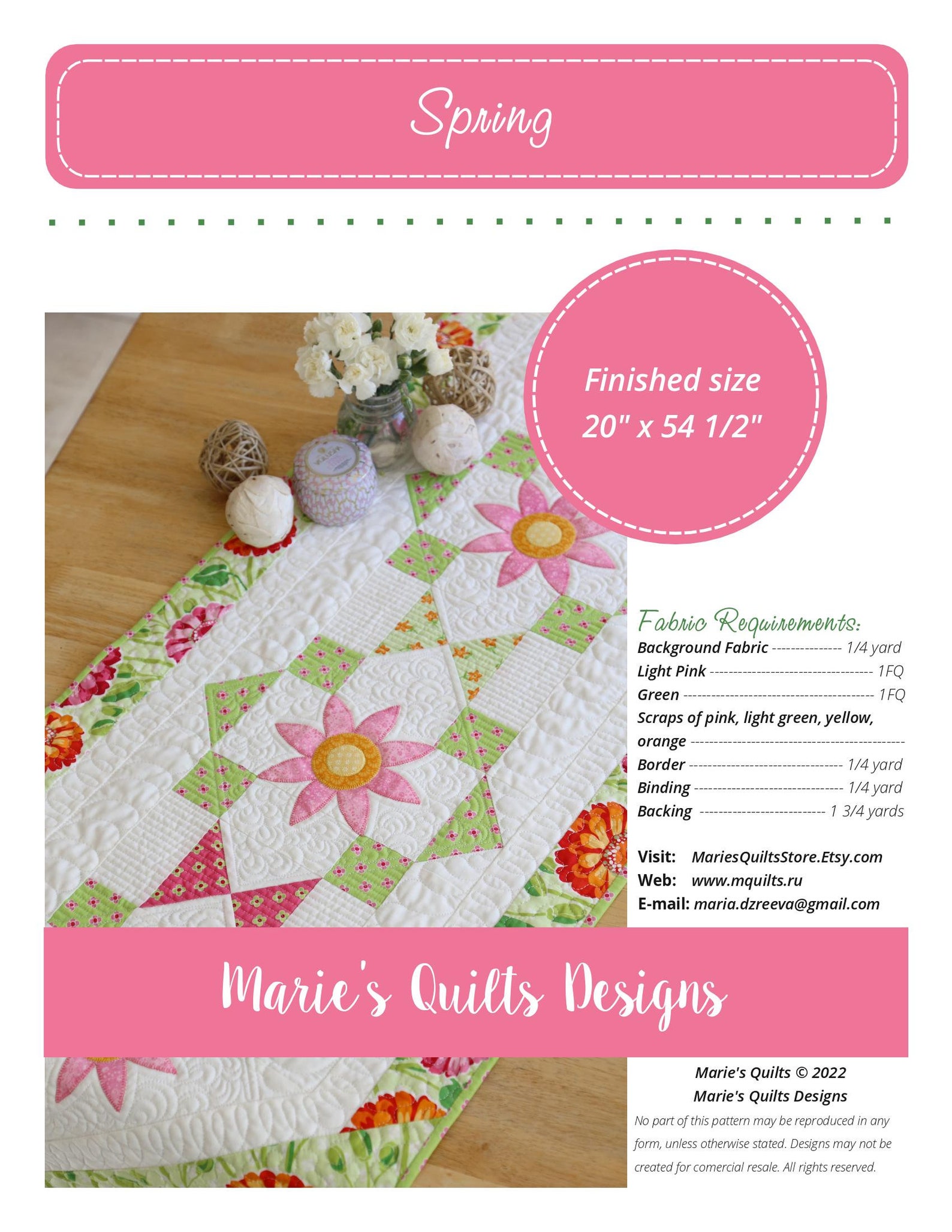 Spring Flower Applique Table Runner Pattern PDF Digital, Block Quilt ...