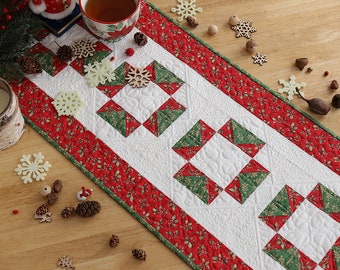 Handmade Christmas Quilted Table Runner, Star, Holly, Winter Decor, Table Topper, Coffee Table, New Year, Green