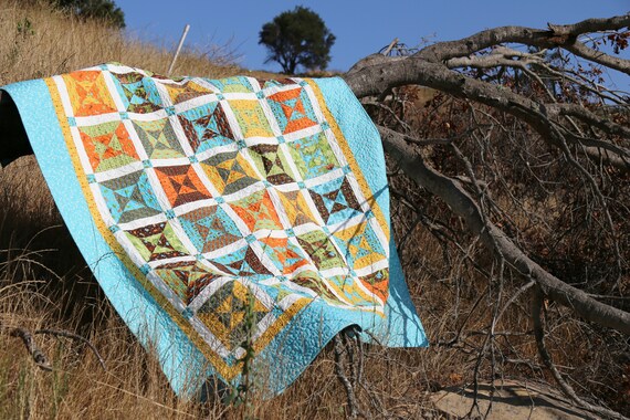 Handmade Twin Quilt Modern Blanket Blue Green White Orange Brown Yellow Turquoise Gift for Teenager Teen Bedding Ready for Sale Etsy Ireland