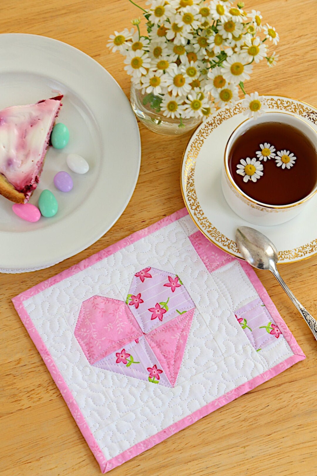 Spring Wool Coasters Heart Fabric Quilted Coasters, Pink Spring Summer Coasters, Handmade ...