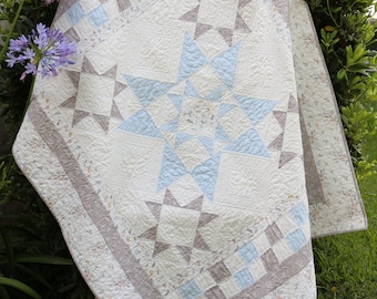 Handmade Cotton Quilt, Neutral Blue Gray Star Pattern, Nursery Decor