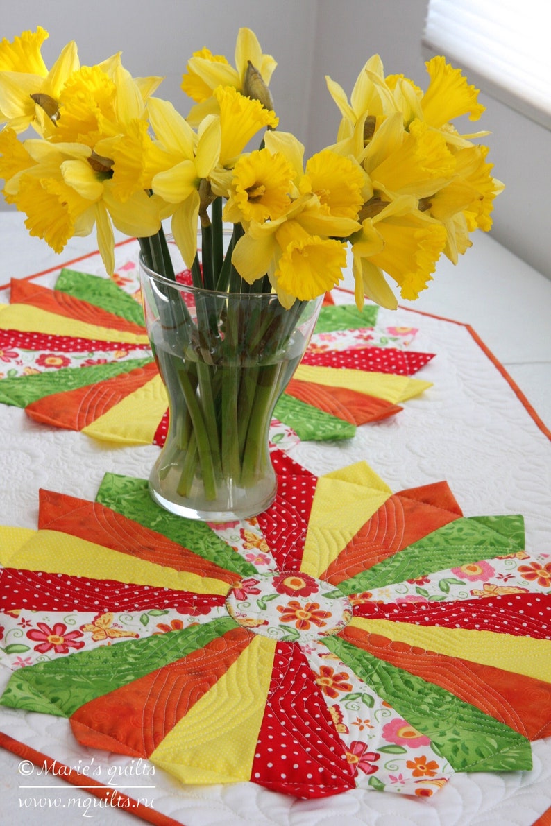 Table Runner Rectangle, Yellow White Green Orange Quilted Table Topper, Table Decor, Table cloth, Home Decor image 1
