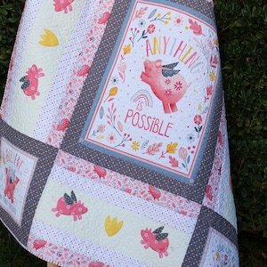 Handmade Personalized Baby Girl Piggy Animal Rainbow Quilt, Pink Grey, Crib Toddler, Shower gift, Nursery Newborn, Ready for Sale image 1