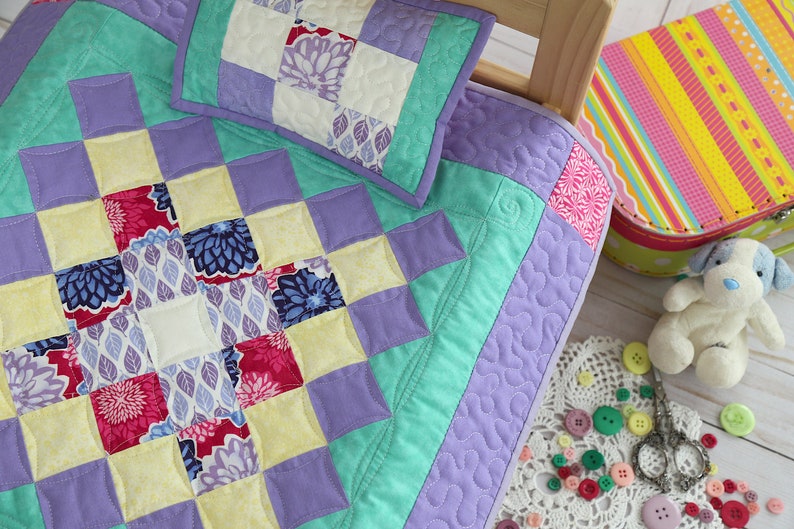 Doll Quilt Set, Toddler Gift, Pillow Bedding Set, Teddy Quilt and Pillow, American Girl Doll