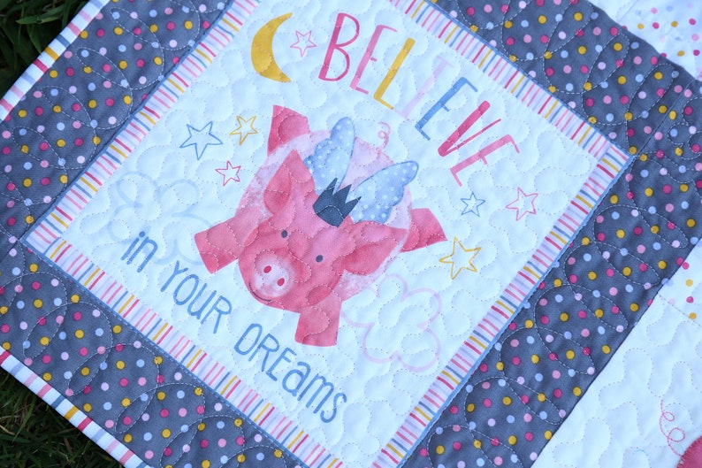 Handmade Personalized Baby Girl Piggy Animal Rainbow Quilt, Pink Grey, Crib Toddler, Shower gift, Nursery Newborn, Ready for Sale image 7