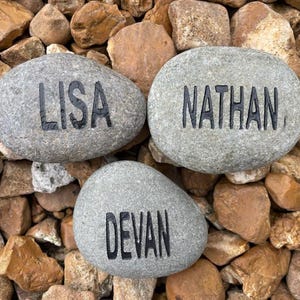3 REAL STONES - Custom Engraved Name Rock - Sandblasted, Garden Ornament, Stocking Stuffer, Personalized Custom Engraved rock, garden stone