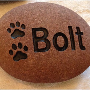 May include: A brown stone with two paw prints and the name "Bolt" engraved on it.