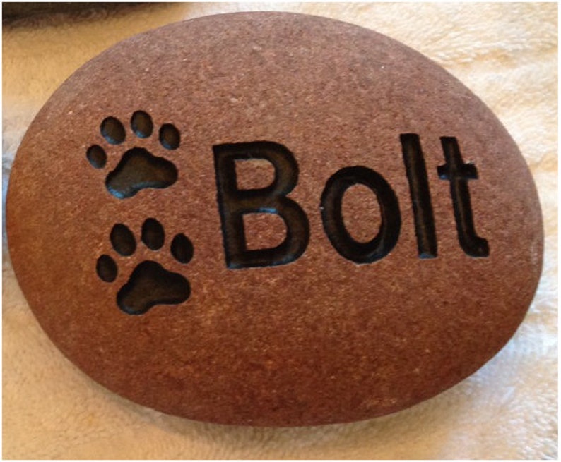 May include: A brown stone with two paw prints and the name "Bolt" engraved on it.
