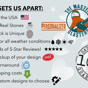 May include: A white background with blue text that reads "WHAT SETS US APART:" followed by a list of bullet points describing the features of personalized sandblasted rocks. The bullet points include: "Made in the USA", "We Use Real Stones", "Each Rock is Unique", "Sealed for all weather conditions", "Hundreds of 5-Star Reviews!", "Free mockup of your design", "Quick turnaround", "Low shipping costs", and "Many custom designs to choose.". The image also includes a logo for "The Master Personalized Blasters" and a 100% satisfaction guarantee.