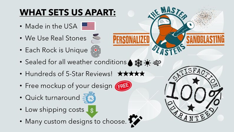 May include: A white background with blue text that reads "WHAT SETS US APART:" followed by a list of bullet points describing the features of personalized sandblasted rocks. The bullet points include: "Made in the USA", "We Use Real Stones", "Each Rock is Unique", "Sealed for all weather conditions", "Hundreds of 5-Star Reviews!", "Free mockup of your design", "Quick turnaround", "Low shipping costs", and "Many custom designs to choose.". The image also includes a logo for "The Master Personalized Blasters" and a 100% satisfaction guarantee.
