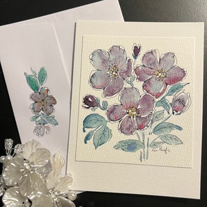 Tarjeta de acuarela original 5 y sobre -pintura del artista Lin Pacific floral incompleto, flores con follaje verde, un regalo para enmarcar y colgar
