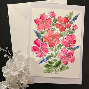 Tarjeta de acuarela original 9 y sobre -pintura del artista Lin Pacific floral incompleto, flores con follaje verde, un regalo para enmarcar y colgar