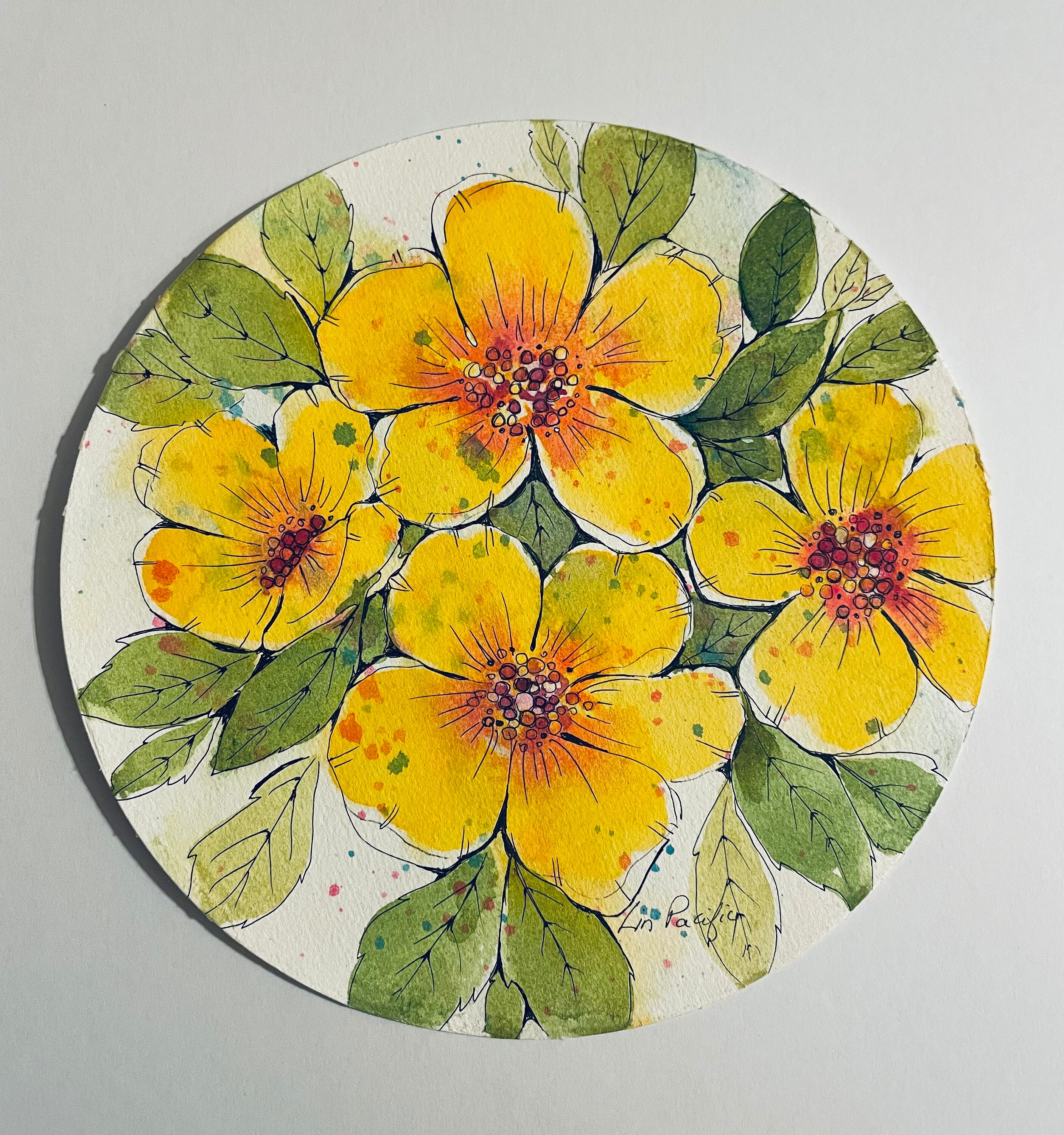 Original watercolor painting by artist Lin Pacific sketchy floral, pink, yellow, flowers with green foliage 7" round 140 lb watercolor paper