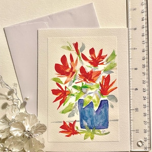 Tarjeta de acuarela original 26 y sobre - pintura del artista Lin Pacific flores de llama esbozadas follaje verde frondoso un regalo para enmarcar y colgar