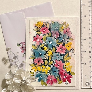 オリジナル水彩カード31と封筒 - アーティストLin Pacificによるカラフルな花、緑の葉の葉のスケッチ画。額に入れて飾るギフト。