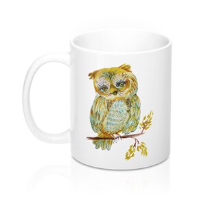 Two hand drawn watercolor Woot owl characters on a owl lovers collectors Mugs