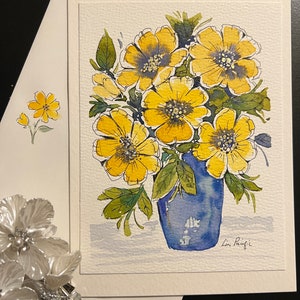 Tarjeta de acuarela original 6 y sobre -pintura del artista Lin Pacific floral incompleto, flores con follaje verde, un regalo para enmarcar y colgar