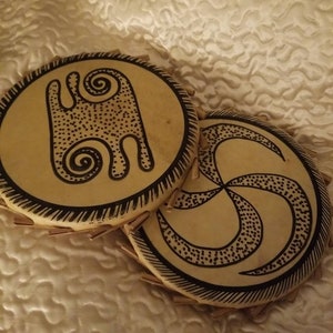 Unique Set of 2 Vintage African pottery and skin tamborine drum with African symbol decor handmade cultural feast and dancing rythmn drum