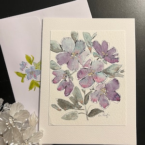 Tarjeta de acuarela original n.° 3 y sobre: pintura del artista Lin Pacific, flores esquemáticas con follaje verde, un regalo para enmarcar y colgar