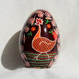 Ukrainian Easter Egg Goose Egg Pysanka.Chicken and floral motif. Colors of yellow, orange, green, blue, reds. Great lines. Gift. Made in USA