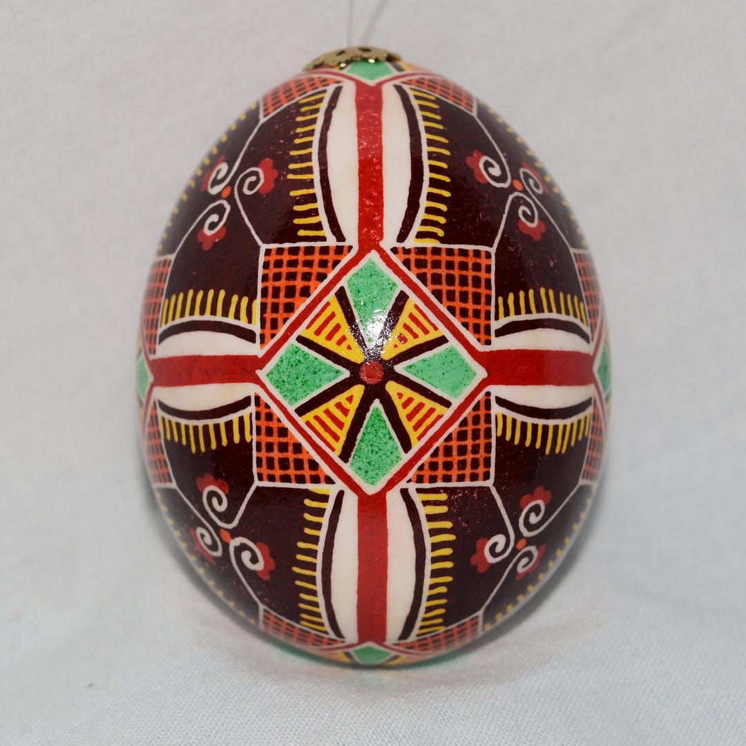 Chicken Egg Pysanka. Red and White Cross Surrounds Green Cross ...