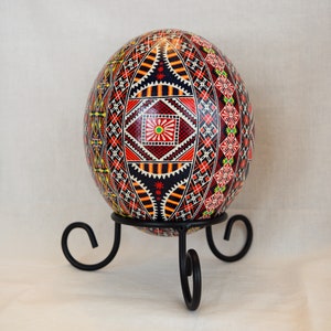 Ostrich Egg Pysanka.  Ukrainian Easter Egg.  Pysanky.  Wax resist art.  Traditional design.  Includes stand.  Handmade in Michigan USA.