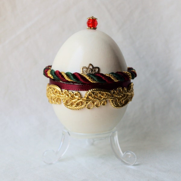 Fancy Duck Egg Box Hinged to open Reminiscent of Faberge Eggs  Ivory sateen inside Green Red Gold braid Real Egg.  Made in Michigan USA