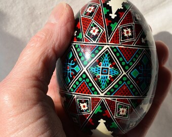 Pysanky Ukrainian Easter Egg-Goose Egg-Batik Egg-Handmade-Stylized Crosses Triangles Dots-Green Red Blue Black White-Made in Michigan USA