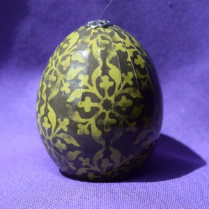 Halloween decoration or Goth Christmas ornament.  Real chicken egg.  Green and black floral motif.  Display ready Decoupage egg.  Made USA