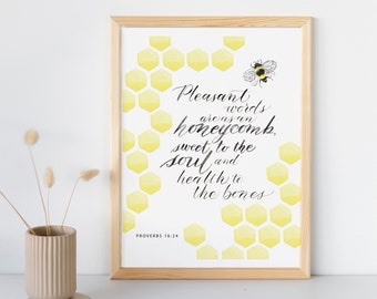 Gracious Words are like a Honeycomb | Proverbs 16:24 | Watercolor Christian Bible Verse Wall Art