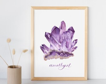 Amethyst Gemstones Cluster Watercolor Painting and Lettering