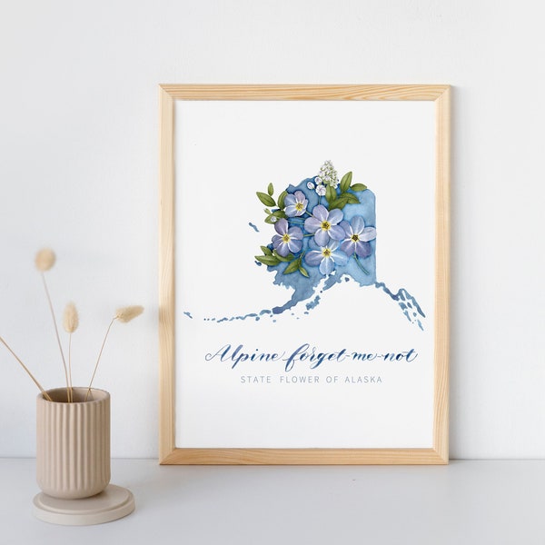 Alaskan State Flower Alpine Forget Me Not Watercolor Painting and Lettering