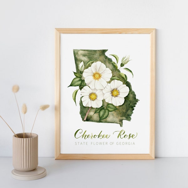 Georgia State Flower Print | Cherokee Rose Watercolor Painting and Lettering