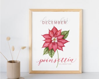 December Flower of the Month Print | Poinsettia Watercolor Painting and Lettering