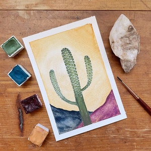 Original Watercolor Painting | Cactus and Mountains