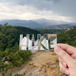 Watercolor Hike Sticker | Clear Vinyl Waterproof Sticker with Tree and Mountains for Water Bottles and Laptops