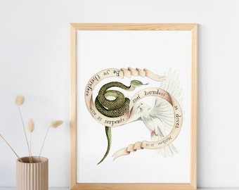 Snake and Dove with Lettered Banner Watercolor Scripture Print | Wise as Serpents, Harmless as doves | Matthew 10:16