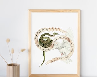 Lámina de acuarela de serpiente y paloma / Arte bíblico de Mateo 10:16