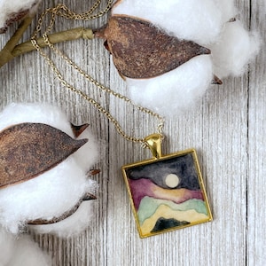 Tiny Watercolor square resin necklace midnight mountain moon landscape