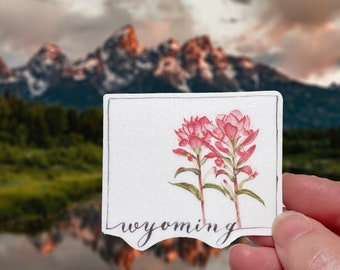 Wyoming State Outline and Indian Paintbrush Flower Waterproof Vinyl Sticker