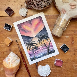 Tropical Sunset Original Watercolor Painting | Beach and Mountains with Palm Trees