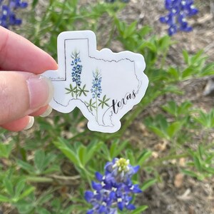 May include: A white sticker in the shape of Texas, featuring bluebonnet flowers and the word "Texas" in script. The sticker has a black outline and a watercolor design. The background shows bluebonnet flowers.