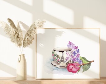 Parisian Teacup Watercolor Eiffel Tower Painting with Pink Rose Art Print