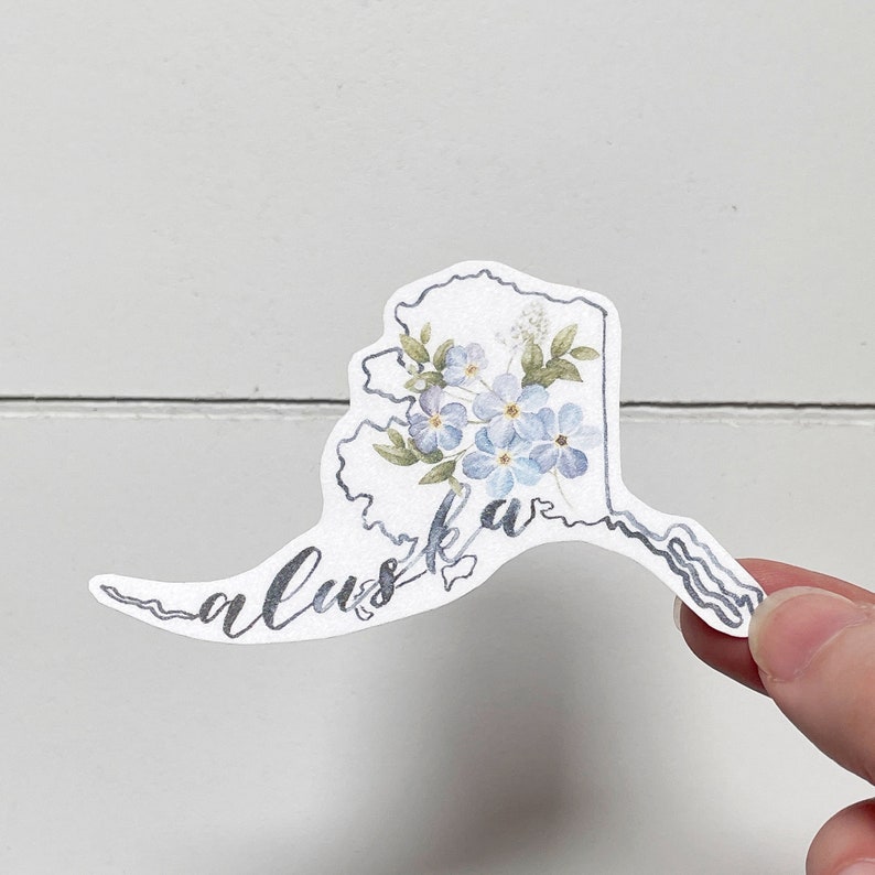 Alaska Sticker, State Outline and Forget Me Not Flower, Matte Vinyl ...