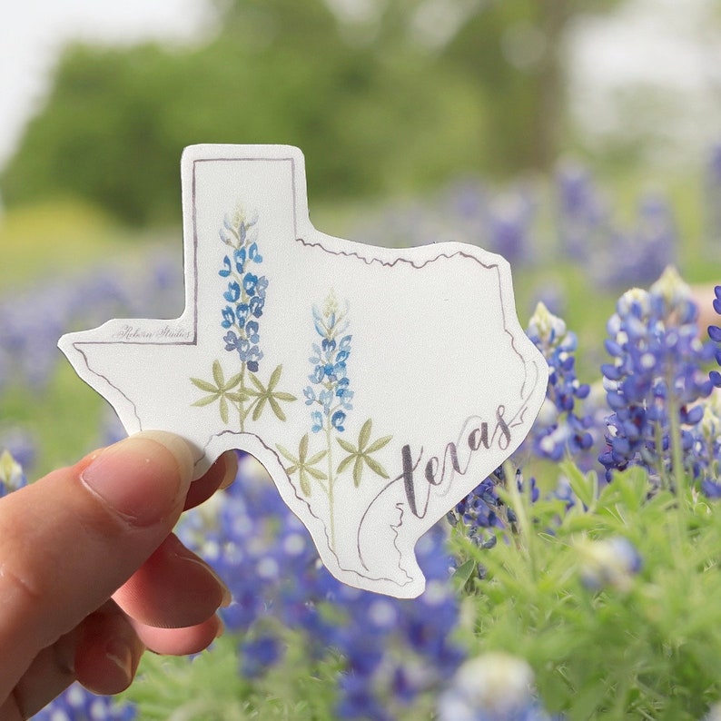 May include: A sticker in the shape of Texas, featuring a watercolor illustration of bluebonnets. The word "Texas" is written in cursive. The sticker is held in front of a field of bluebonnets.
