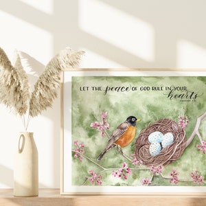 Robin Songbird Watercolor Art Print | Colossians 3:15 Verse